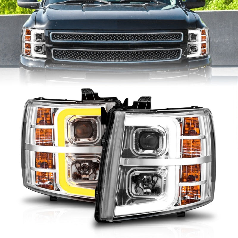 ANZO 2007-2013 Chevrolet Silverado 1500 Projector Headlights with Chrome Light Bar, showcasing modern design and powerful illumination.