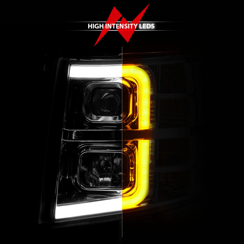 ANZO 2007-2013 Chevrolet Silverado 1500 Projector Headlights with Chrome Light Bar, showcasing modern design and powerful illumination.