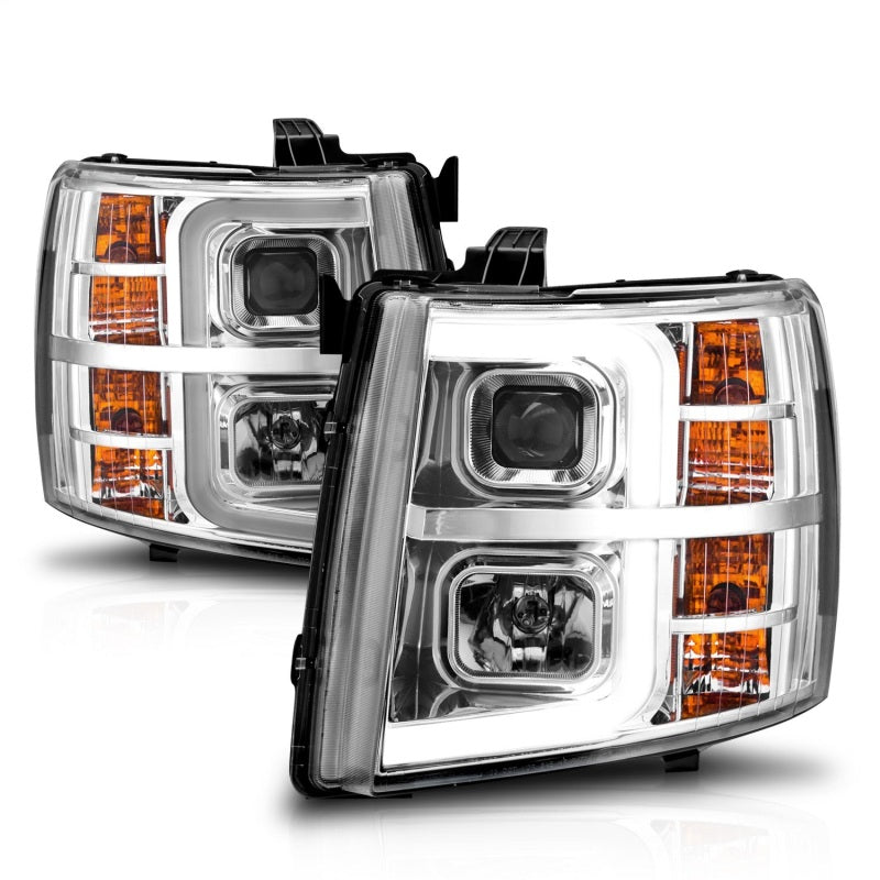 ANZO 2007-2013 Chevrolet Silverado 1500 Projector Headlights with Chrome Light Bar, showcasing modern design and powerful illumination.