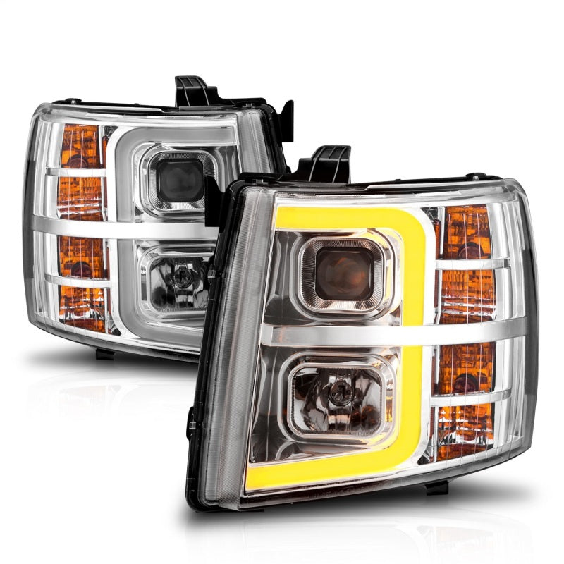 ANZO 2007-2013 Chevrolet Silverado 1500 Projector Headlights with Chrome Light Bar, showcasing modern design and powerful illumination.