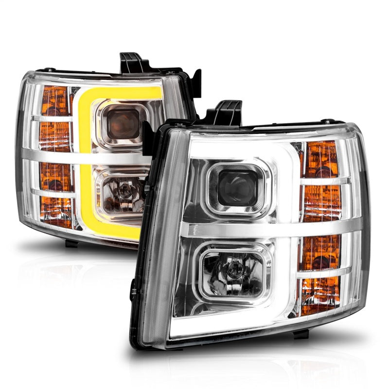 ANZO 2007-2013 Chevrolet Silverado 1500 Projector Headlights with Chrome Light Bar, showcasing modern design and powerful illumination.