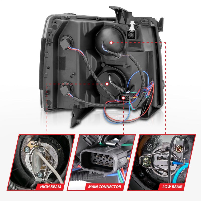 ANZO 2007-2013 Chevrolet Silverado 1500/2500 Projector Headlights showcasing sleek design and advanced lighting technology.