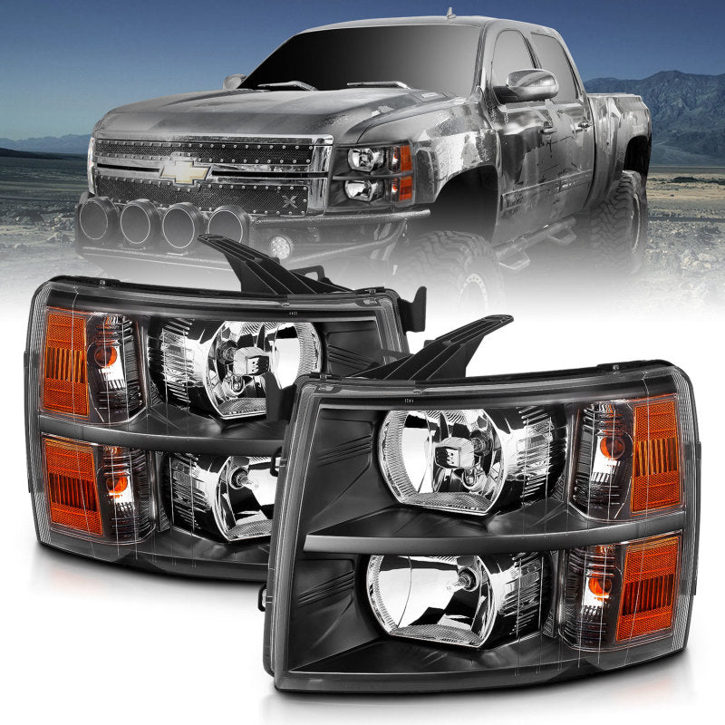 ANZO 2007-2013 Chevrolet Silverado Crystal Headlights with clear lens and black housing, showcasing modern design and superior visibility.