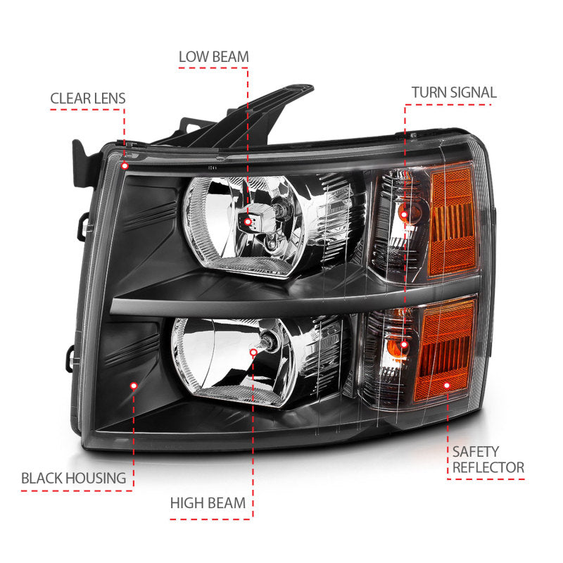 ANZO 2007-2013 Chevrolet Silverado Crystal Headlights with clear lens and black housing, showcasing modern design and superior visibility.
