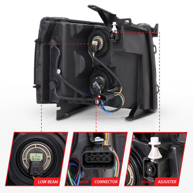 ANZO 2007-2013 Chevrolet Silverado Crystal Headlights with clear lens and black housing, showcasing modern design and superior visibility.