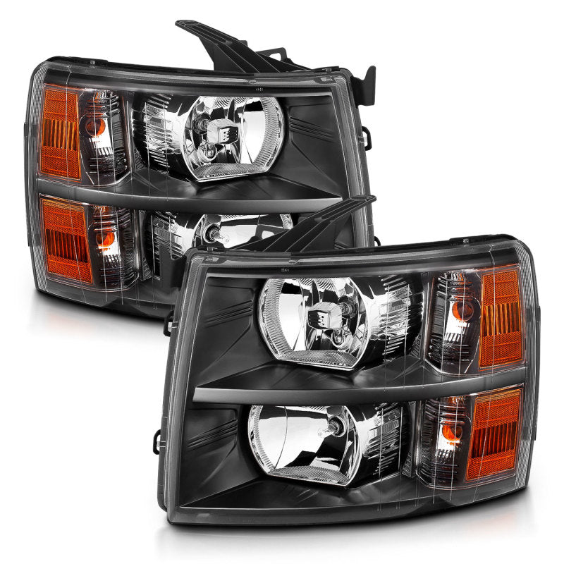 ANZO 2007-2013 Chevrolet Silverado Crystal Headlights with clear lens and black housing, showcasing modern design and superior visibility.