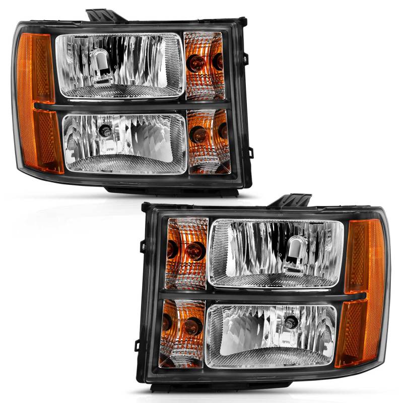 ANZO Crystal Headlight for GMC Sierra 1500, featuring a black amber design and crystal clear lens for enhanced visibility.