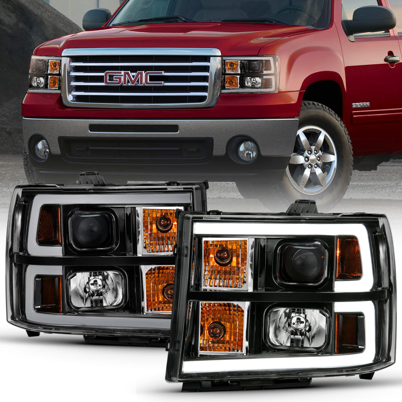 ANZO 2007-2013 GMC Sierra 1500 Projector Headlight Plank Style Black, showcasing sleek design and advanced lighting technology.