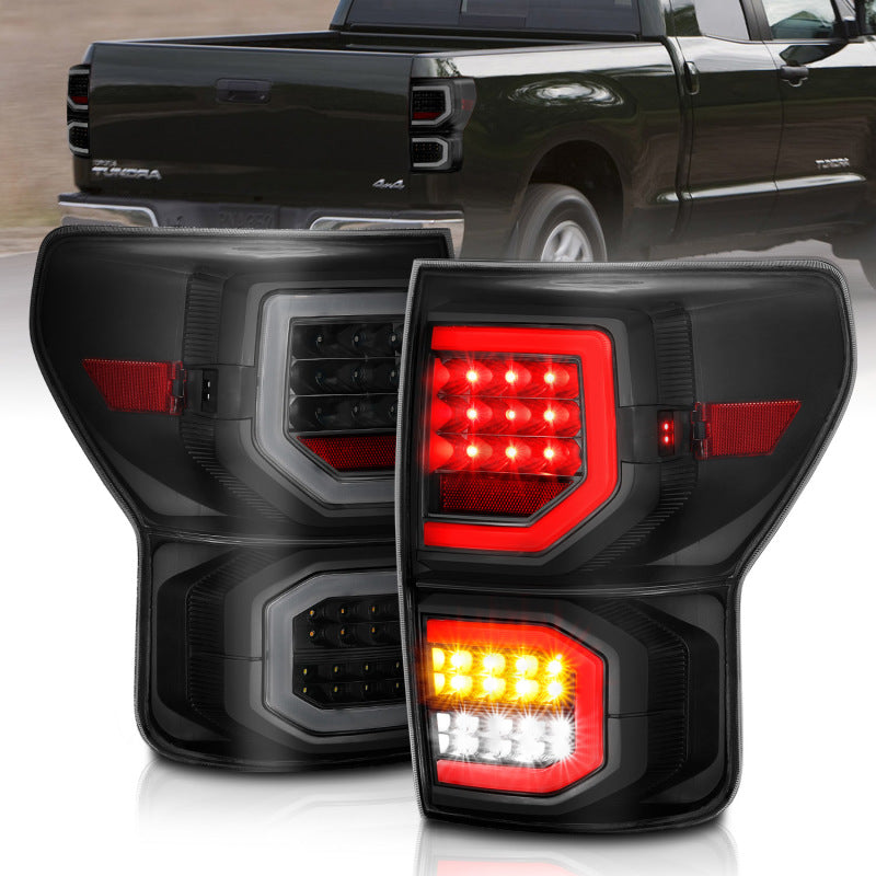 ANZO LED taillights for 2007-2013 Toyota Tundra, featuring a plank style design and smoke lens for enhanced visibility and modern aesthetics.