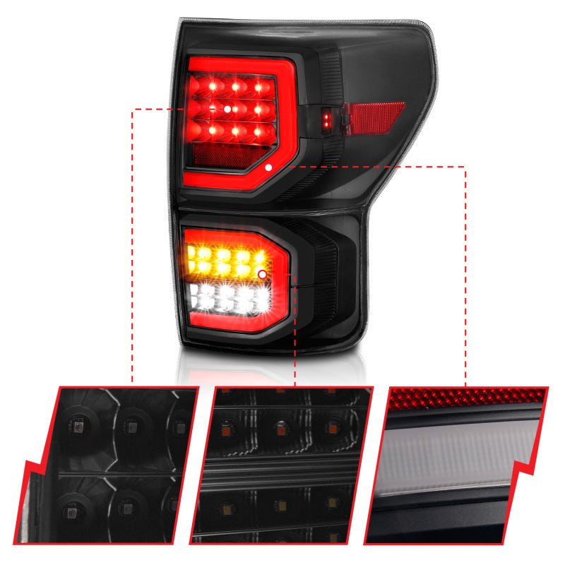 ANZO LED taillights for 2007-2013 Toyota Tundra, featuring a plank style design and smoke lens for enhanced visibility and modern aesthetics.