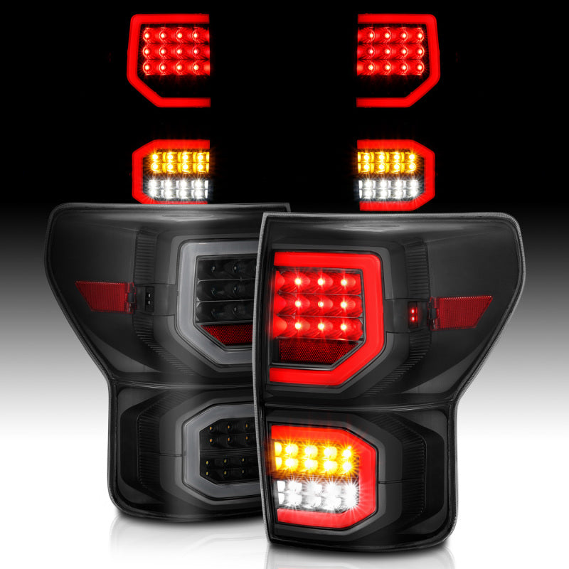 ANZO LED taillights for 2007-2013 Toyota Tundra, featuring a plank style design and smoke lens for enhanced visibility and modern aesthetics.