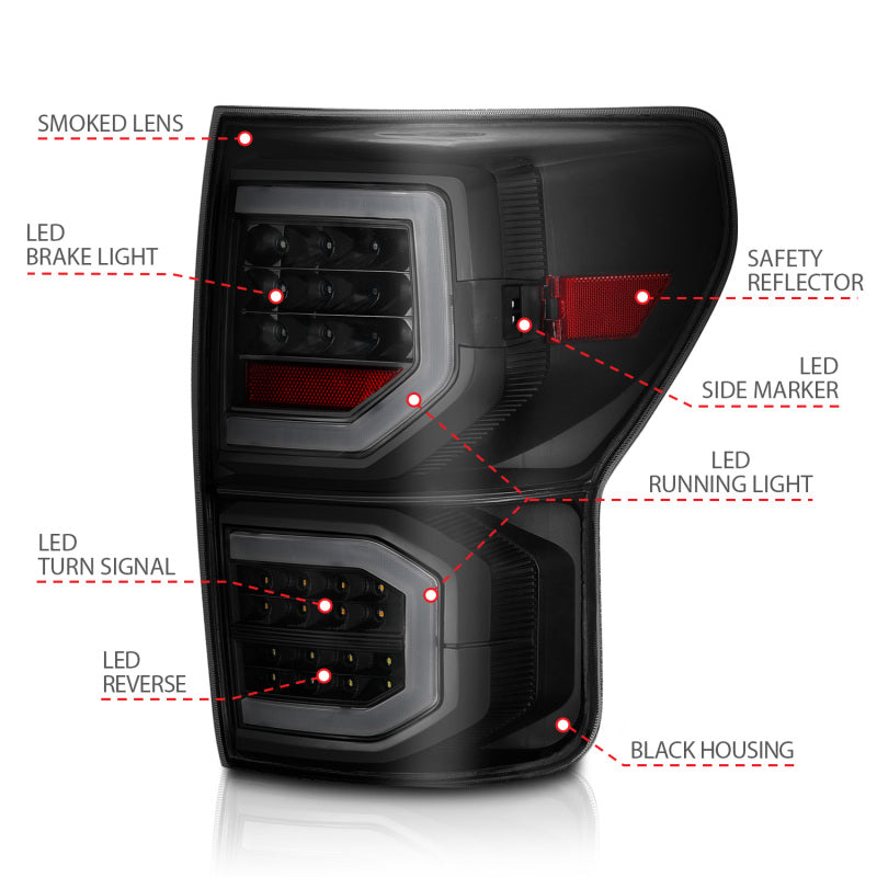ANZO LED taillights for 2007-2013 Toyota Tundra, featuring a plank style design and smoke lens for enhanced visibility and modern aesthetics.