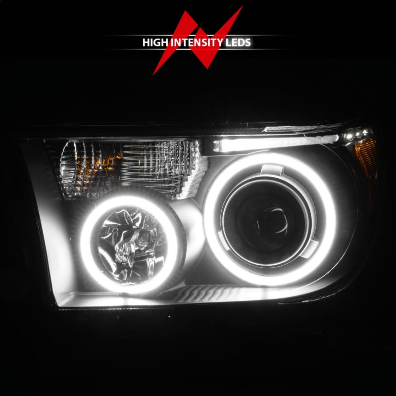 ANZO 2007-2013 Toyota Tundra Projector Headlights with Halo in black housing, showcasing clear lens and stylish design.