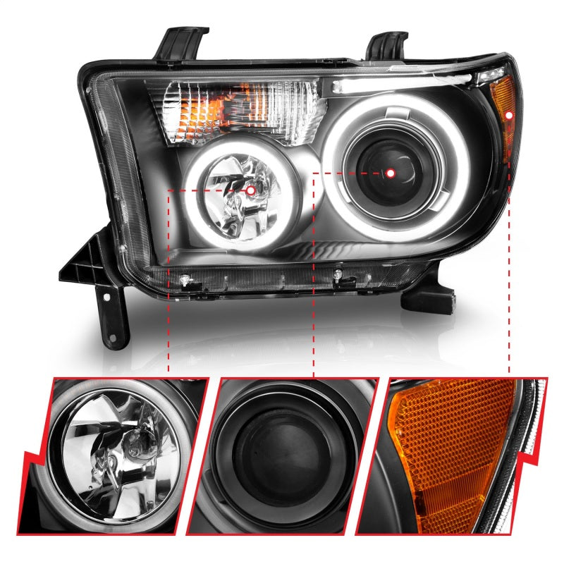 ANZO 2007-2013 Toyota Tundra Projector Headlights with Halo in black housing, showcasing clear lens and stylish design.