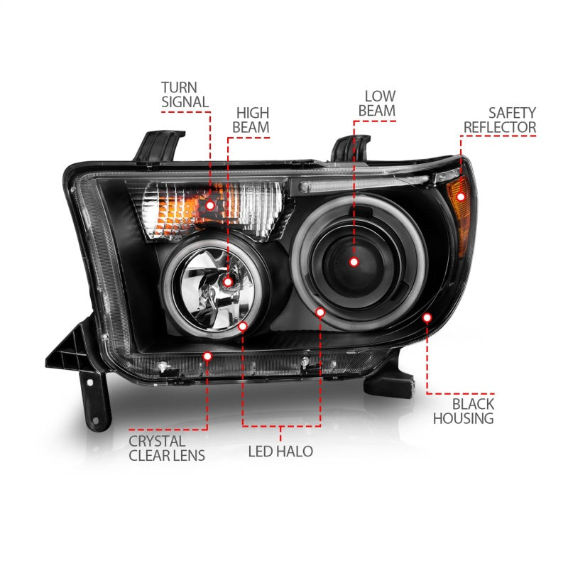 ANZO 2007-2013 Toyota Tundra Projector Headlights with Halo in black housing, showcasing clear lens and stylish design.