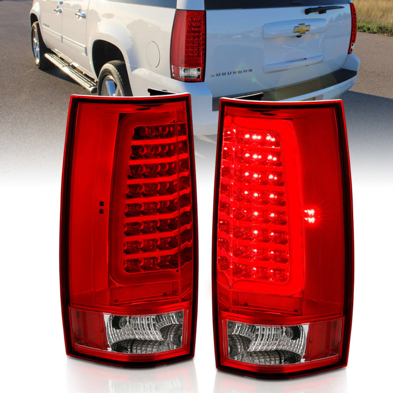 ANZO LED taillight assembly for 2007-2014 Chevy Tahoe featuring chrome housing and red/clear lens in plank style design.