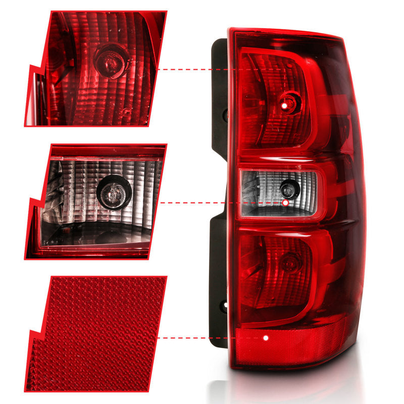 ANZO 2007-2014 Chevy Tahoe Taillight with red and clear lens, designed for OE replacement.