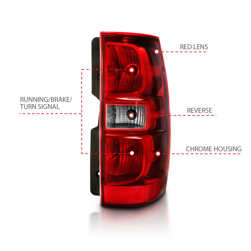ANZO 2007-2014 Chevy Tahoe Taillight with red and clear lens, designed for OE replacement.
