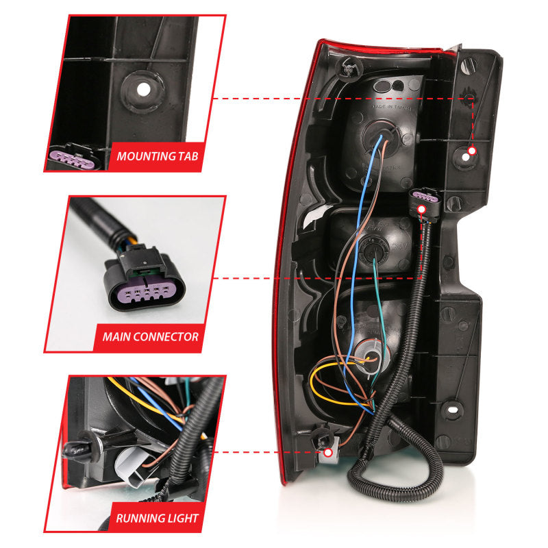 ANZO 2007-2014 Chevy Tahoe Taillight with red and clear lens, designed for OE replacement.