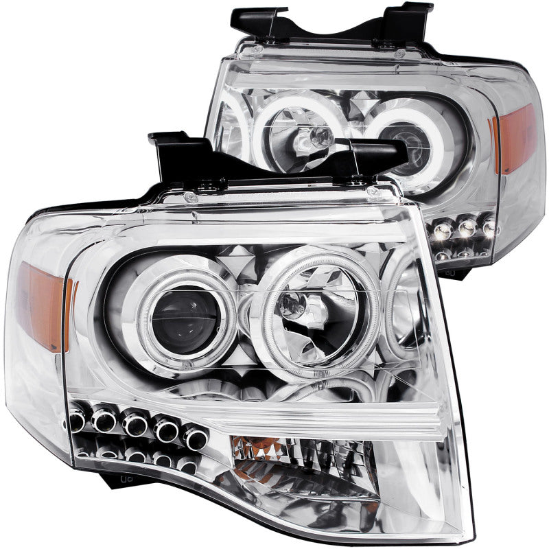 ANZO 2007-2014 Ford Expedition projector headlights with chrome housing and clear lens, featuring halo design.