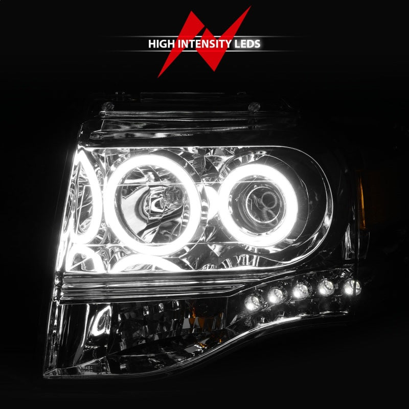 ANZO 2007-2014 Ford Expedition projector headlights with chrome housing and clear lens, featuring halo design.