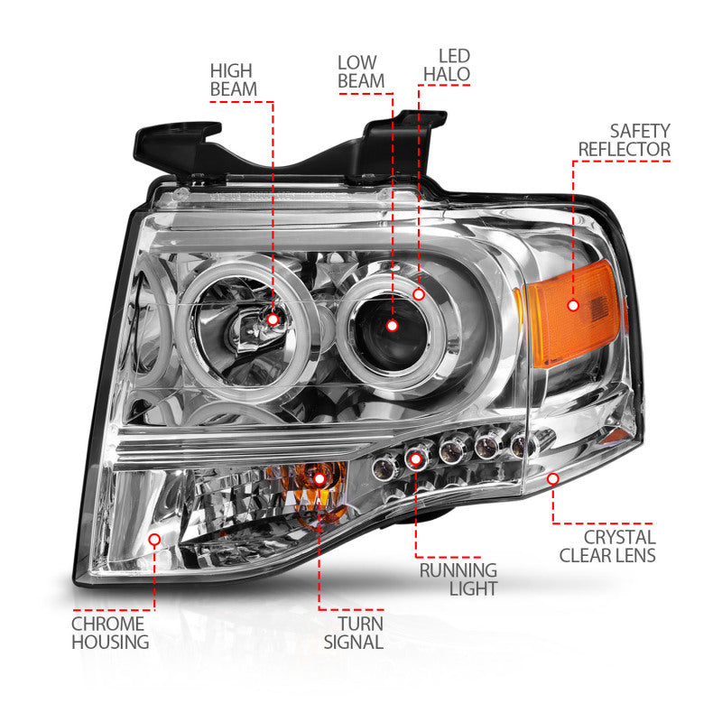 ANZO 2007-2014 Ford Expedition projector headlights with chrome housing and clear lens, featuring halo design.