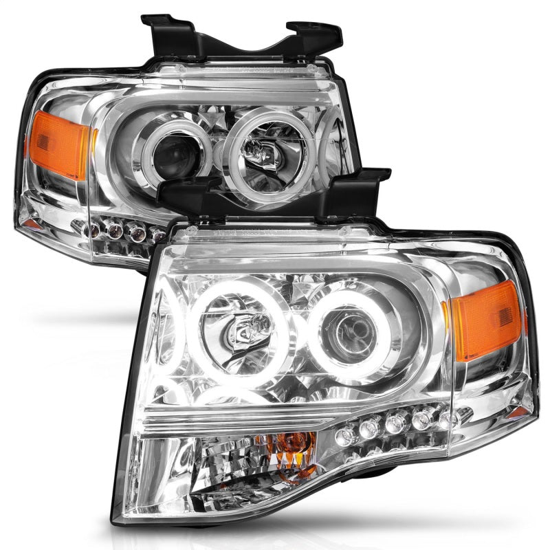 ANZO 2007-2014 Ford Expedition projector headlights with chrome housing and clear lens, featuring halo design.