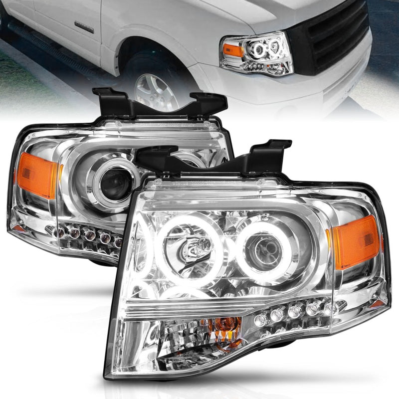 ANZO 2007-2014 Ford Expedition projector headlights with chrome housing and clear lens, featuring halo design.