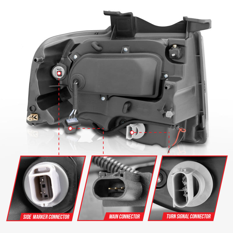 ANZO 2007-2014 Ford Expedition projector headlights with chrome housing and clear lens, featuring halo design.