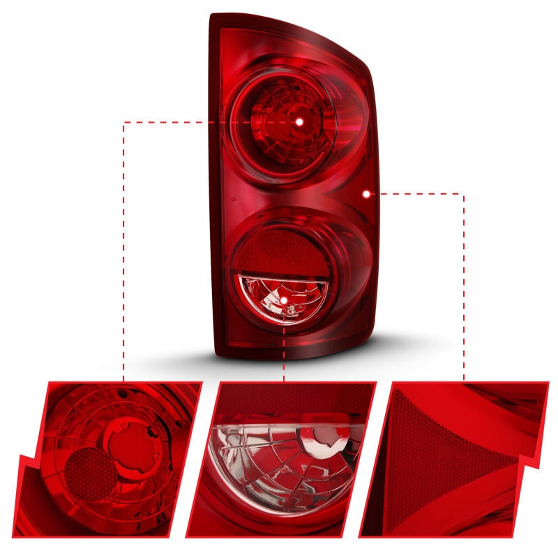 ANZO 2007-2009 Dodge Ram 1500 Tail Light Red Lens showcasing its sleek design and vibrant red color.
