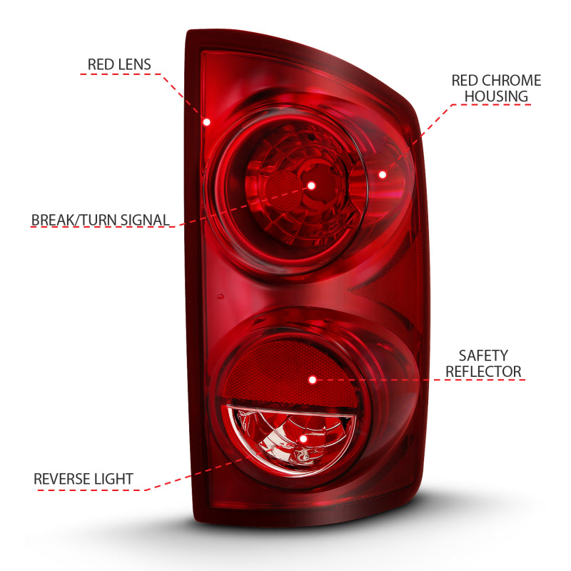 ANZO 2007-2009 Dodge Ram 1500 Tail Light Red Lens showcasing its sleek design and vibrant red color.