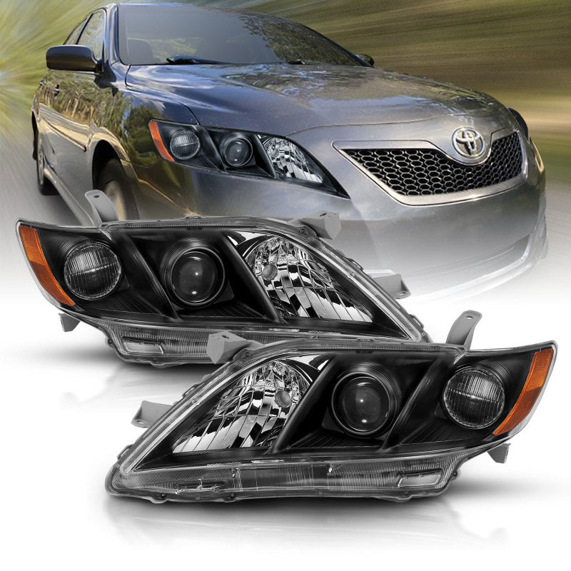 ANZO 2007-2009 Toyota Camry Projector Headlight in black amber finish, showcasing its sleek design and advanced lighting technology.