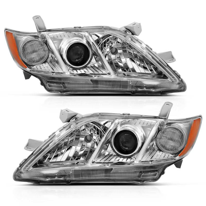 ANZO 2007-2009 Toyota Camry Projector Headlight set featuring clear lens and chrome housing.