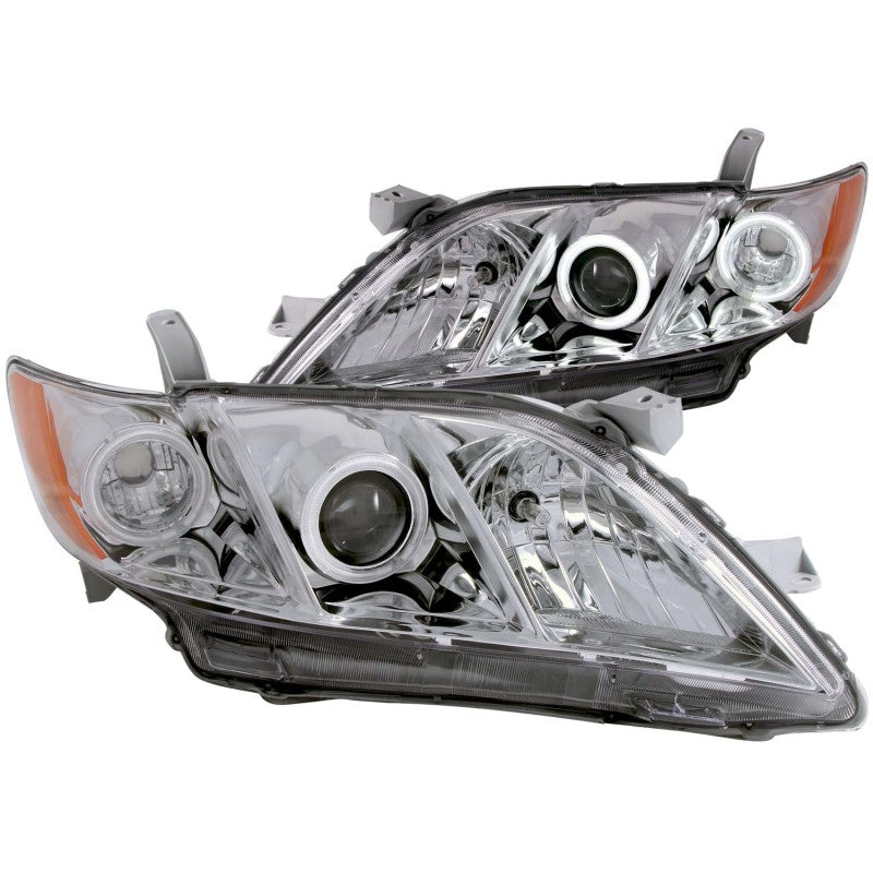 ANZO 2007-2009 Toyota Camry Projector Headlights with Halo Chrome, showcasing clear lens and chrome housing.