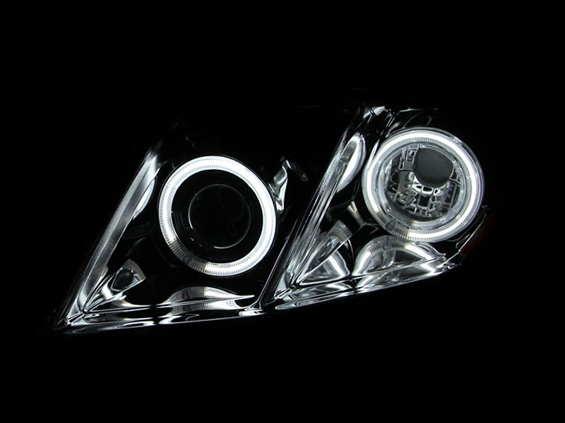 ANZO 2007-2009 Toyota Camry Projector Headlights with Halo Chrome, showcasing clear lens and chrome housing.