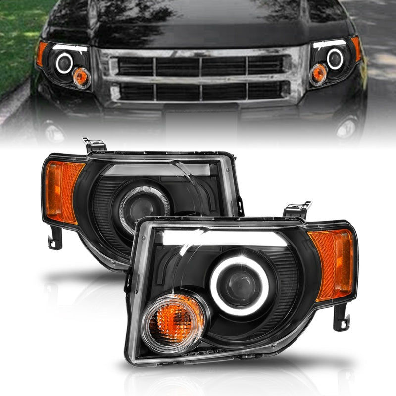 ANZO 2008-2012 Ford Escape projector headlights with halo black design, showcasing modern styling and enhanced visibility.