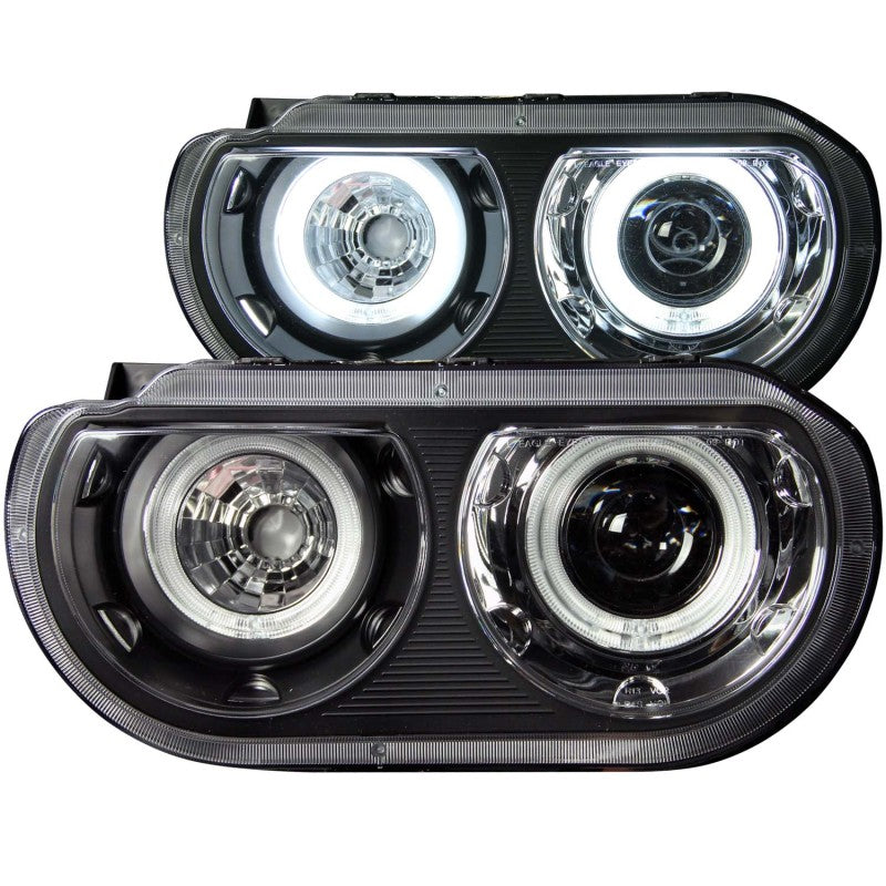 ANZO 2008-2014 Dodge Challenger projector headlights with halo black design, showcasing clear lens and sleek black housing.