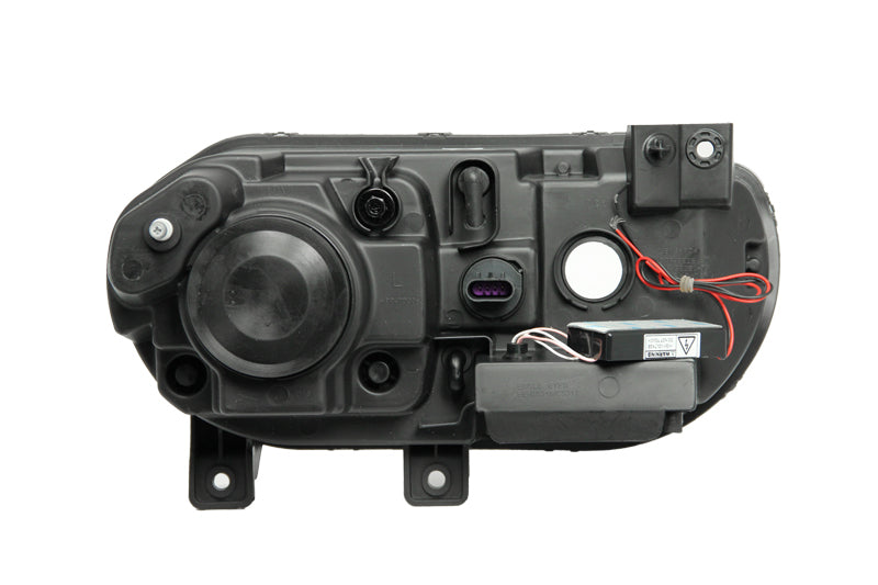 ANZO 2008-2014 Dodge Challenger projector headlights with halo black design, showcasing clear lens and sleek black housing.