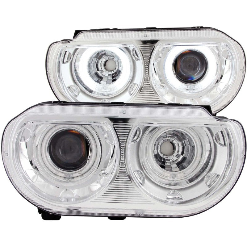 ANZO 2008-2014 Dodge Challenger Projector Headlights with Halo Chrome, showcasing clear lens and chrome housing.