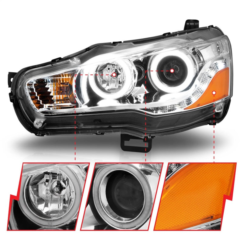 ANZO projector headlights with halo chrome for Mitsubishi Lancer, featuring clear lens and chrome housing.