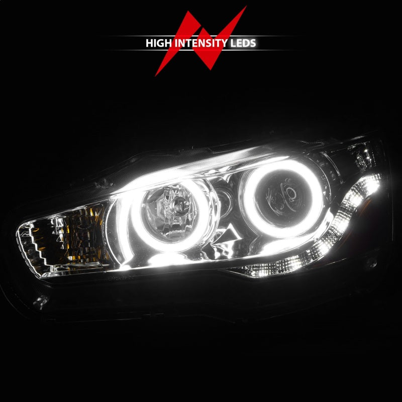ANZO projector headlights with halo chrome for Mitsubishi Lancer, featuring clear lens and chrome housing.