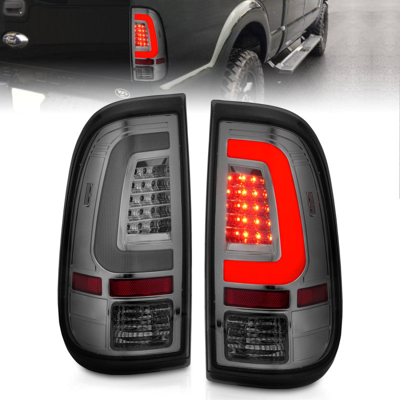 ANZO LED Taillights for 2008-2016 Ford F-250 with chrome housing and smoke lens, showcasing modern design and enhanced visibility.