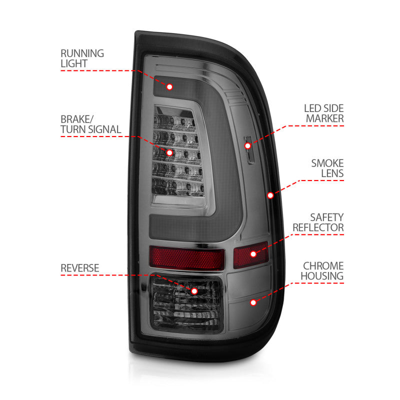 ANZO LED Taillights for 2008-2016 Ford F-250 with chrome housing and smoke lens, showcasing modern design and enhanced visibility.