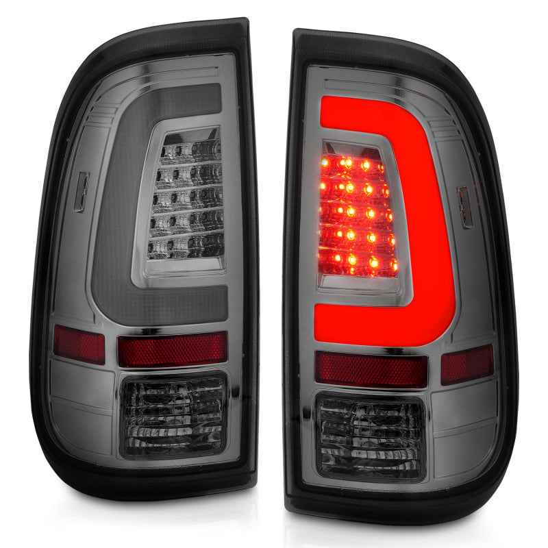 ANZO LED Taillights for 2008-2016 Ford F-250 with chrome housing and smoke lens, showcasing modern design and enhanced visibility.