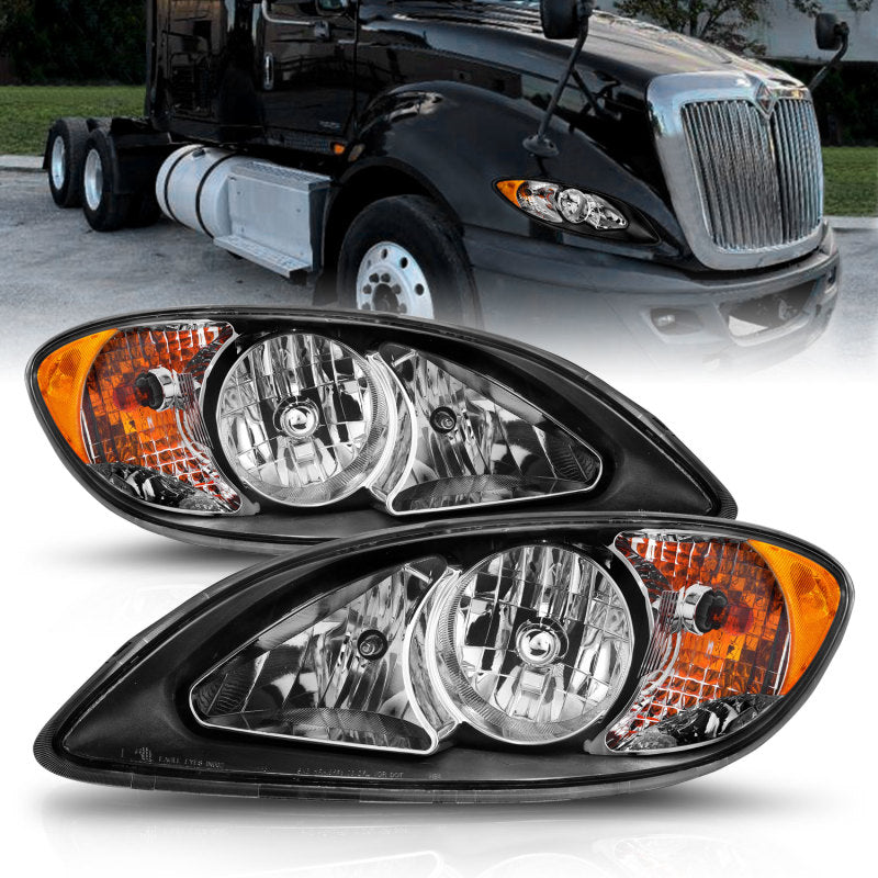ANZO 2008-2016 International Prostar Crystal Headlights with black housing, showcasing clear lenses and sleek design.