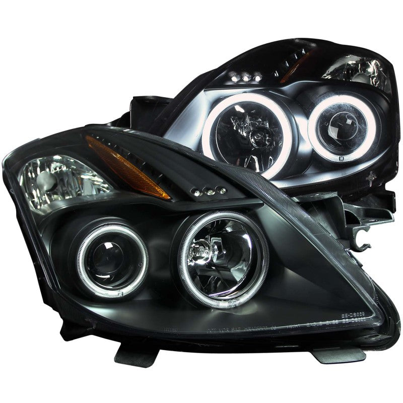 ANZO projector headlights for 2008-2009 Nissan Altima, featuring clear lens and black housing with halo design.