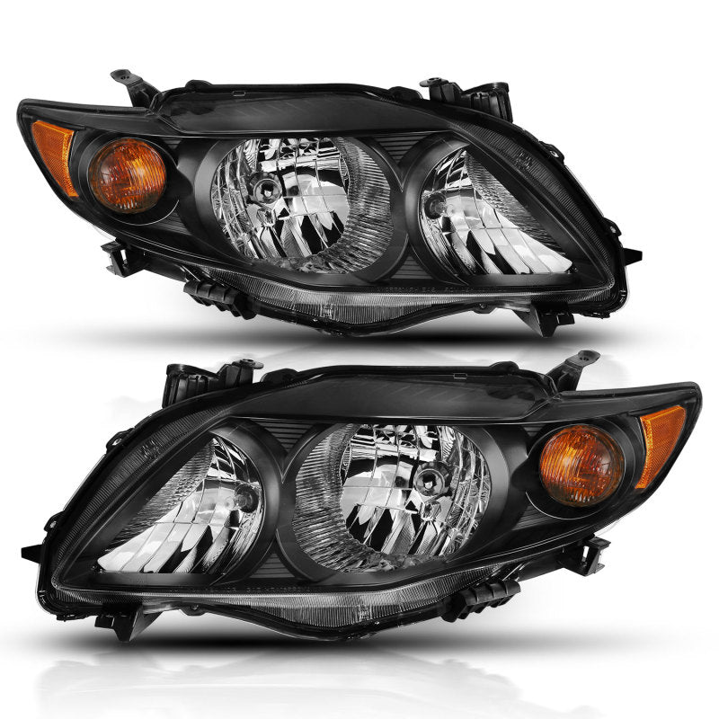 ANZO Crystal Headlight Black Amber for 2009-2010 Toyota Corolla, showcasing sleek design and clear lens.