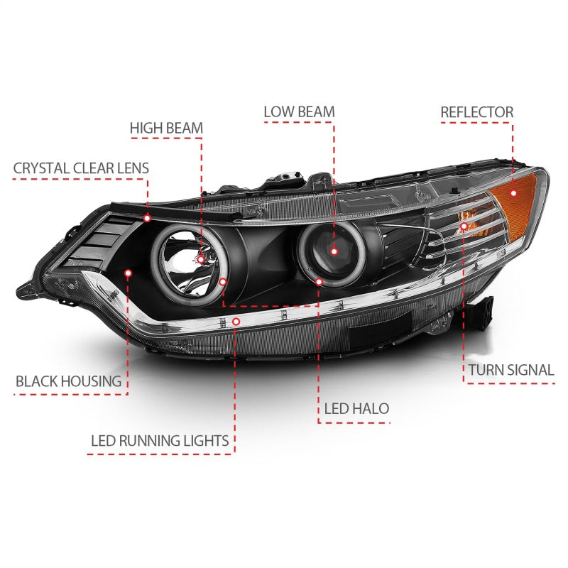 ANZO 2009-2012 Acura TSX Projector Headlights with Halo Black CCFL, showcasing sleek black housing and clear lens design.