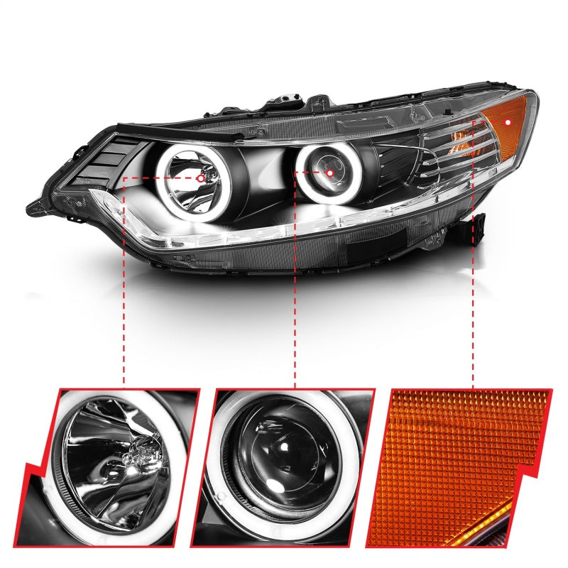 ANZO 2009-2012 Acura TSX Projector Headlights with Halo Black CCFL, showcasing sleek black housing and clear lens design.