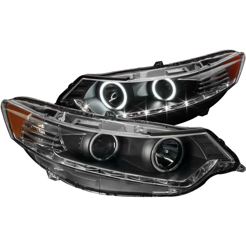 ANZO 2009-2012 Acura TSX Projector Headlights with Halo Black CCFL, showcasing sleek black housing and clear lens design.